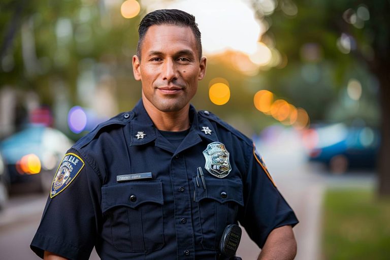 Un agent en uniforme souriant avec un badge